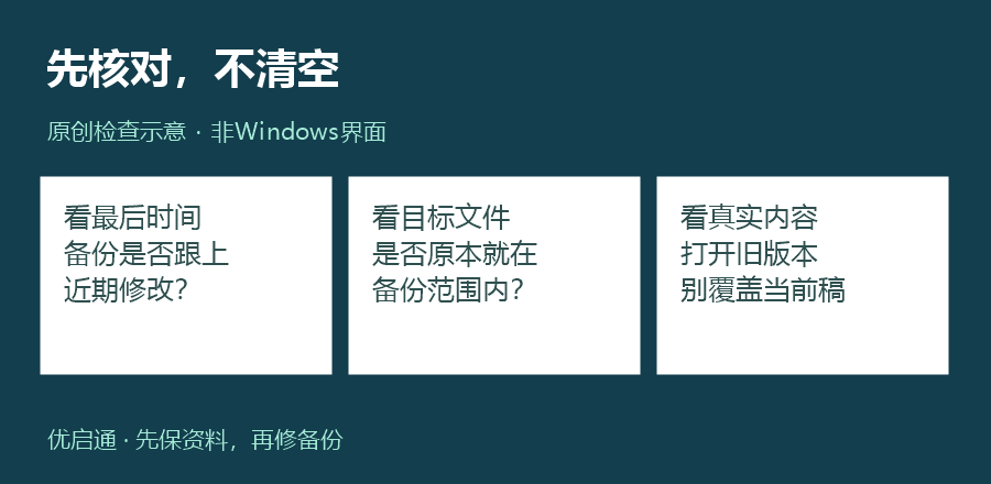 先核对，不清空：最后时间、目标文件与真实内容