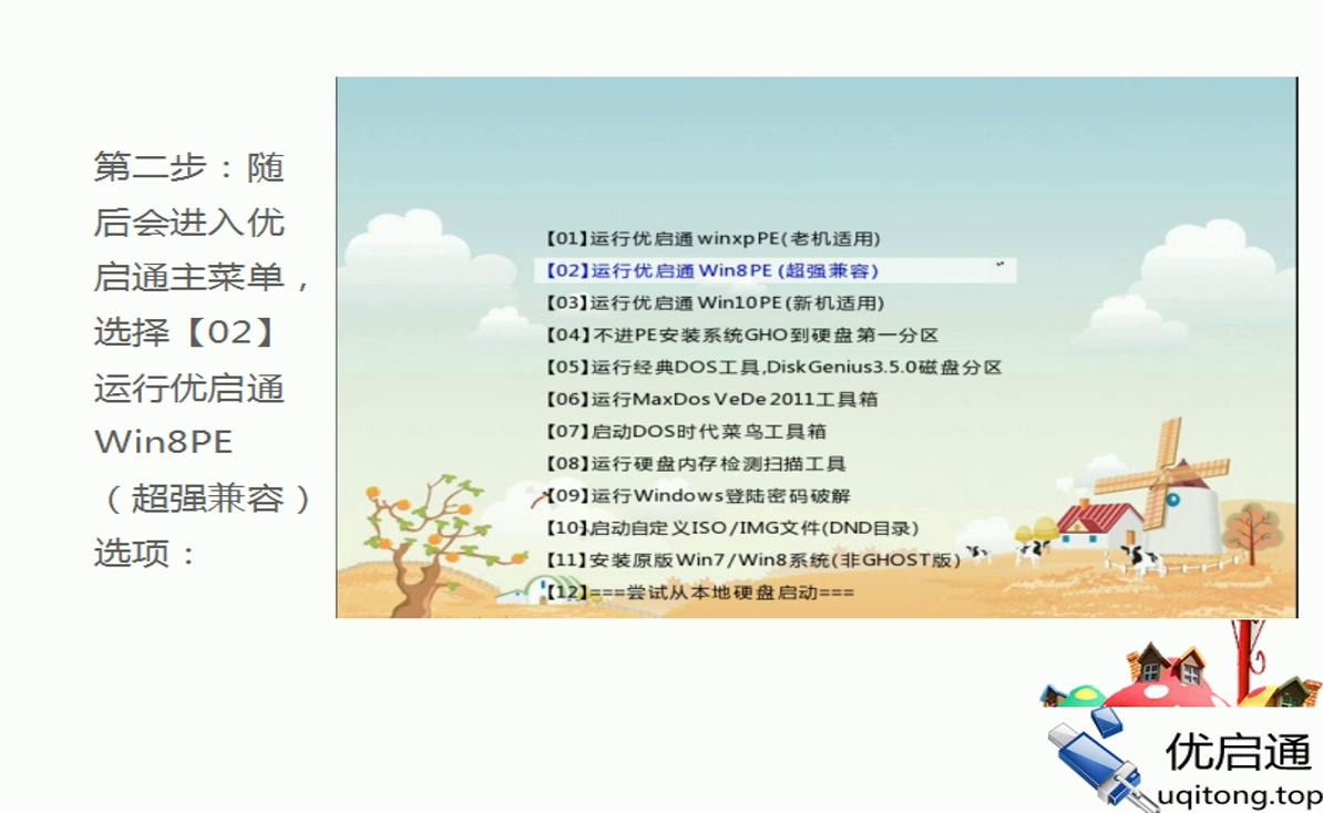 优启通主菜单:选择【02】运行优启通Win8PE(超强兼容)
