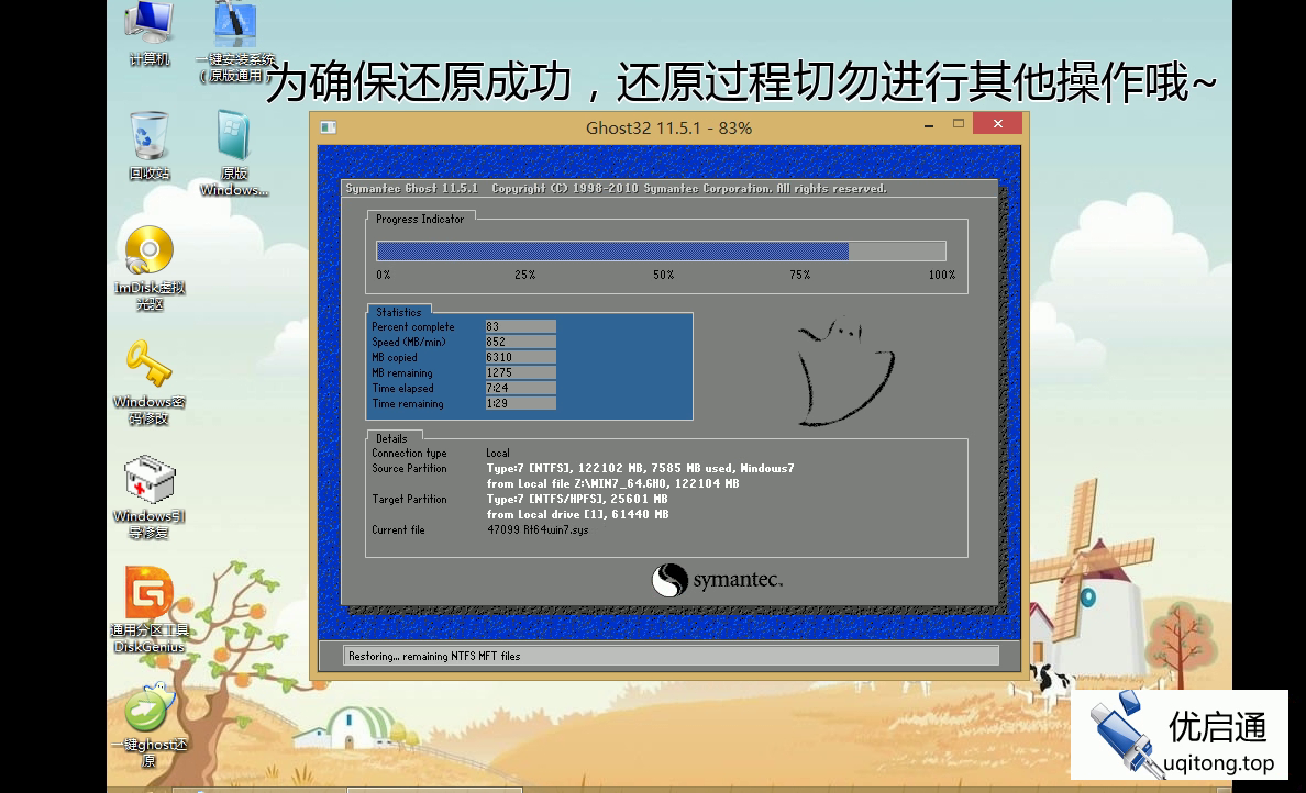 Ghost还原进行中，进度83%，速度852MB/min