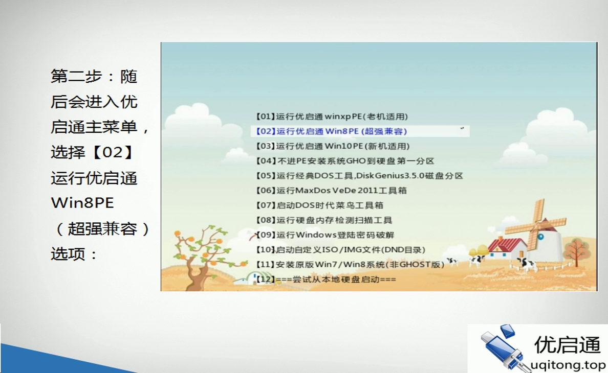 优启通主菜单（带操作说明）：选择【02】运行优启通Win8PE